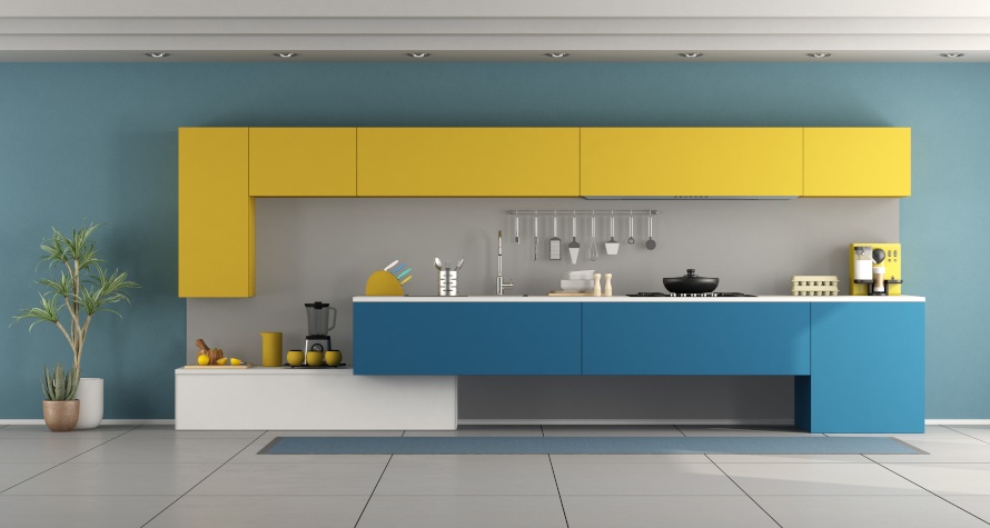 Pastelowy niebieski kolor ścian w kuchni