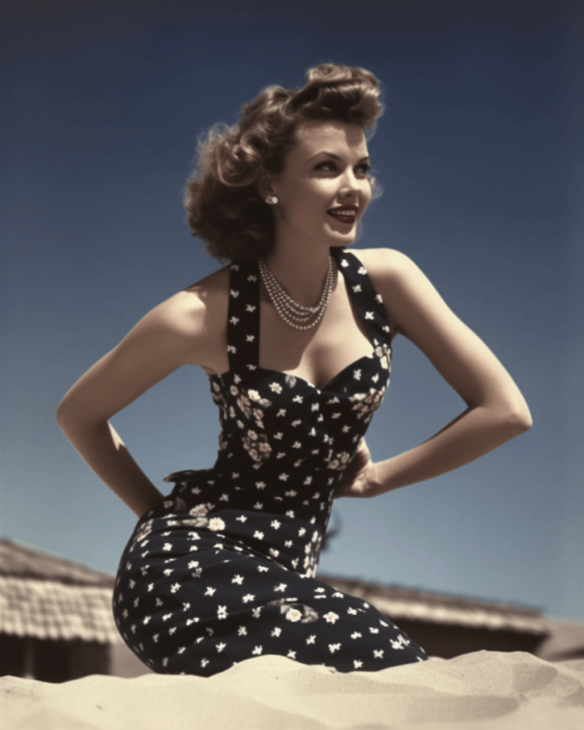 kobieta na plaży w stylizacji pin-up girl: sukienka w grochy i perły