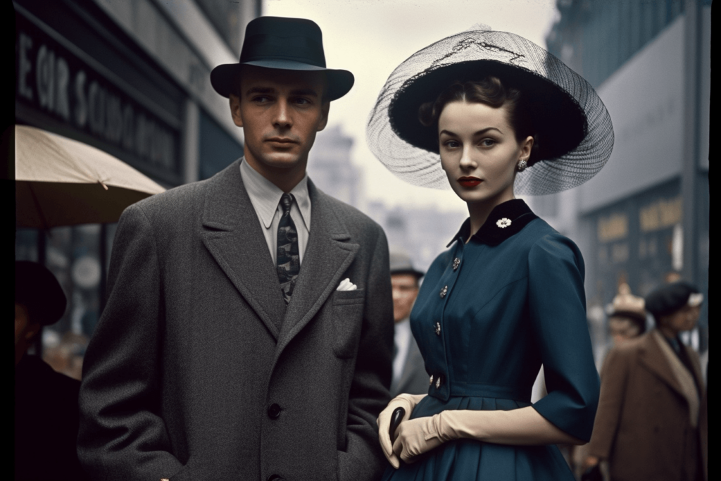 Mężczyzna i kobieta na zatłoczonej ulicy, ubrani w eleganckie stylizacje z lat 50