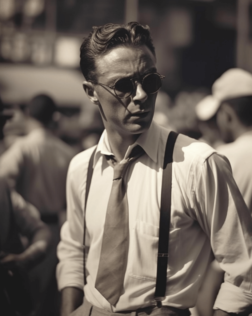 Mężczyzna z lat 50. w stylizacja z białą koszulą, szerokim krawatem, szelkami i okularami 