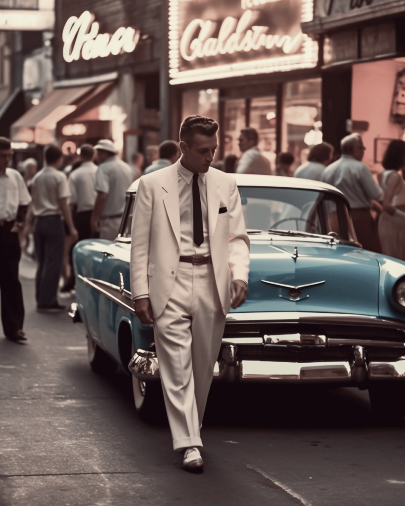 Mężczyzna w białym garniturze i eleganckich butach w latach 50