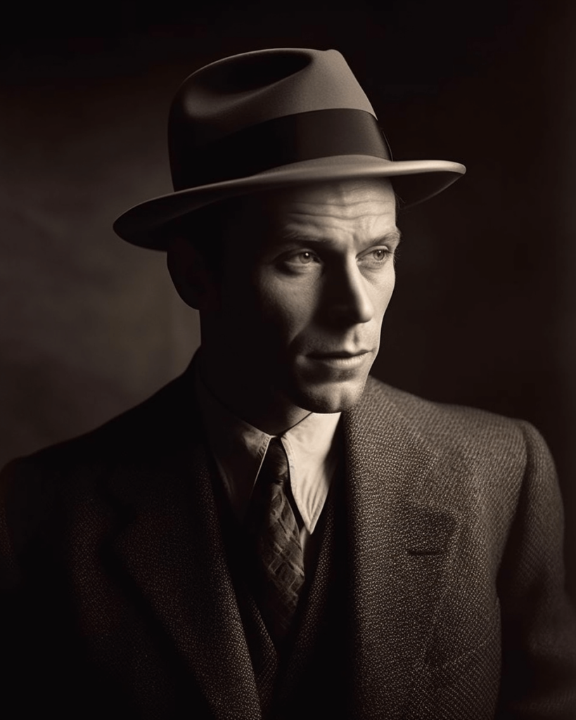Zdjęcie portretowe z profilu mężczyzny z lat 50. ubranego w wełniany garnitur 3-częściowy oraz kapelusz