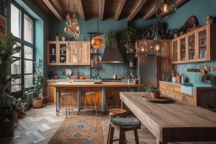 Drewniana kuchnia bohemian z niebieskimi ścianami