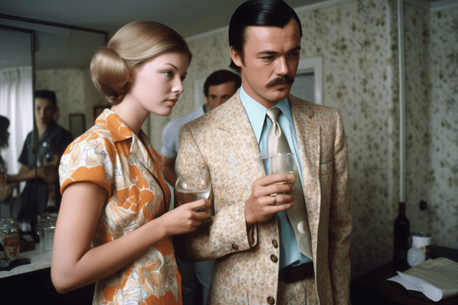 Para na przyjęciu w latach 60-tych trzymająca w ręce szampana