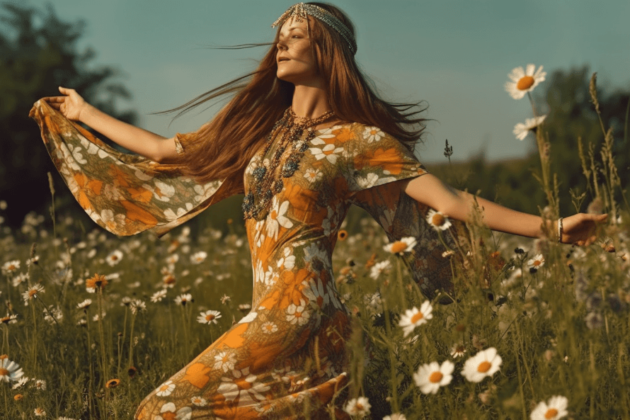 Stylizacja hippie lata 60: luźna sukienka w kwieciste wzory i opaska na głowie