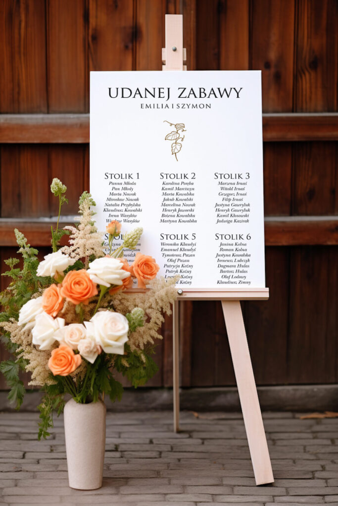 karta z miejscami gości na weselu
