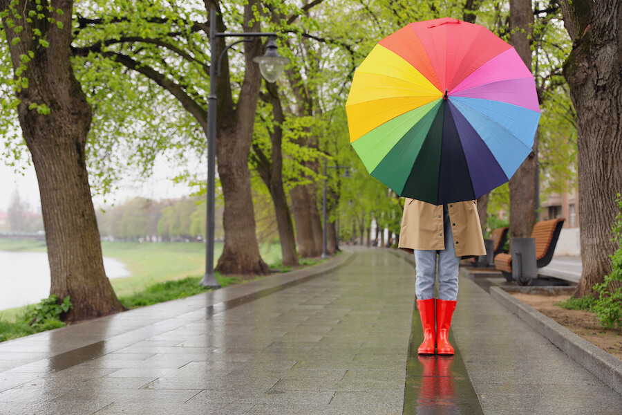 kobieta w kaloszach, zasłaniającą się kolorową parasolką