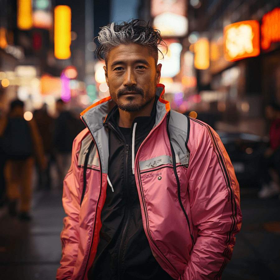 Azjata w różowej kurtce, moda sportowa