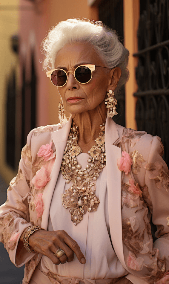Dojrzała kobieta w stylizacji glamour: różowa koszula, marynarka zdobiona motywami kwiatowymi, masywna biżuteria, okulary przeciwsłoneczne w złotych oprawkach