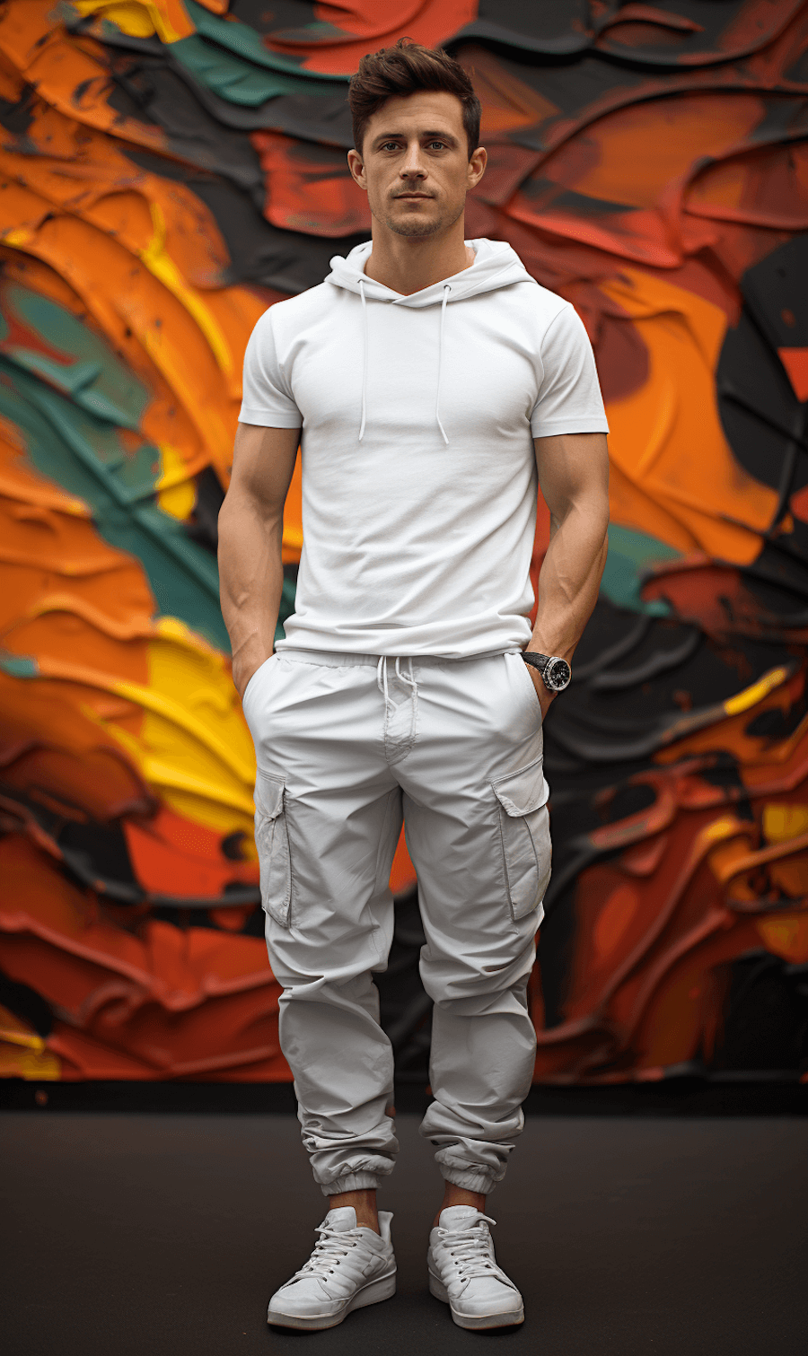 Jasna sportowa stylizacja męska: joggery, sneakersy, bluzka z krótkim rękawem i kapturem