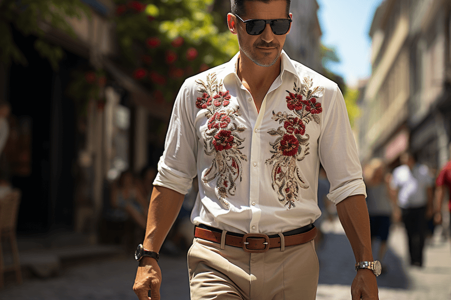 Męska elegancka stylizacja. koszula z etnicznym wzorem