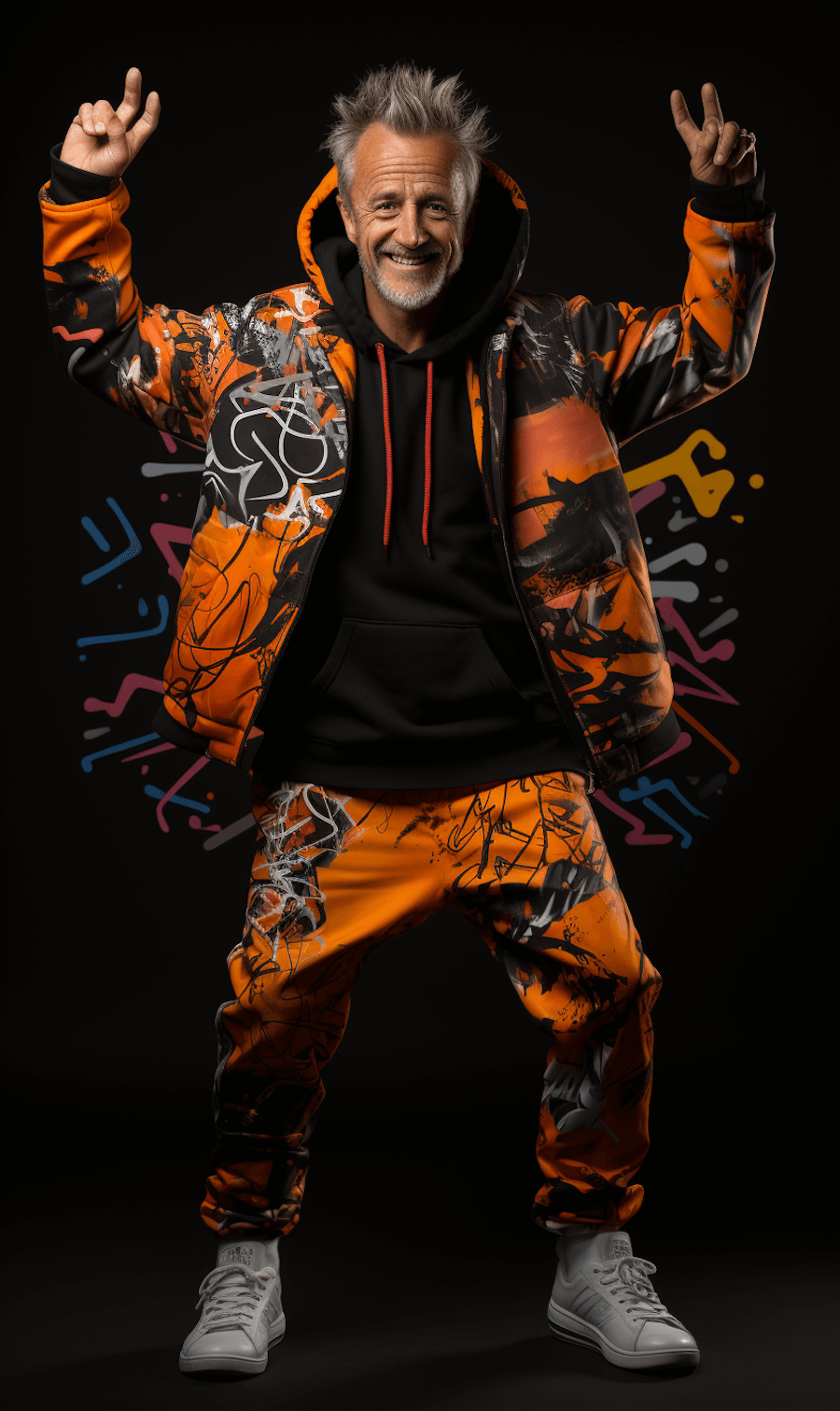 Męska stylizacja uliczna: wzorzyste spodnie i kurtka, czarna bluza, białe sneakersy