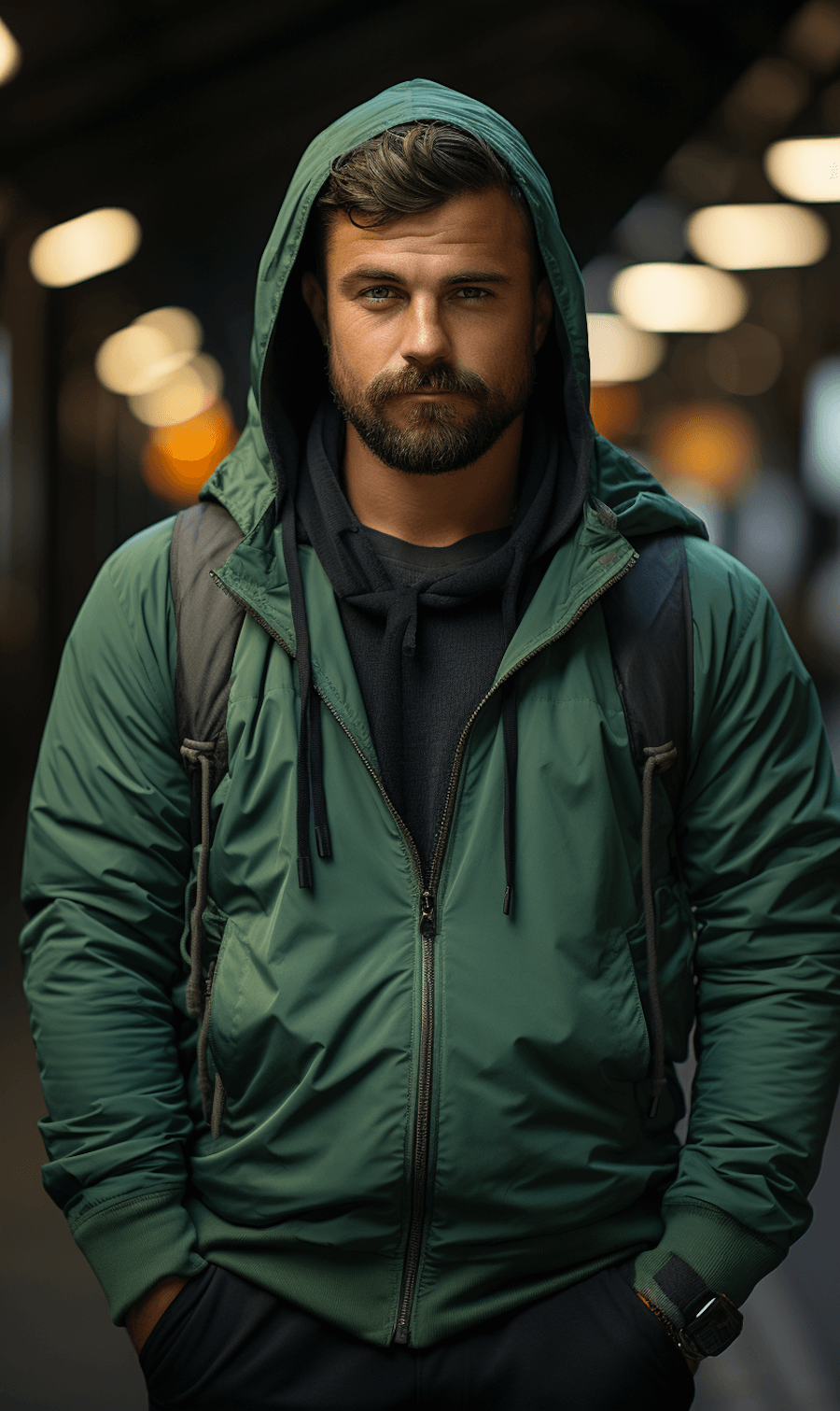 Męska stylizacja: zielona kurtka z kapturem, czarne spodnie i bluza