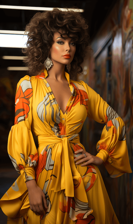 Retro stylizacja damska z elegancką żółtą sukienką w kwiatowe akcenty