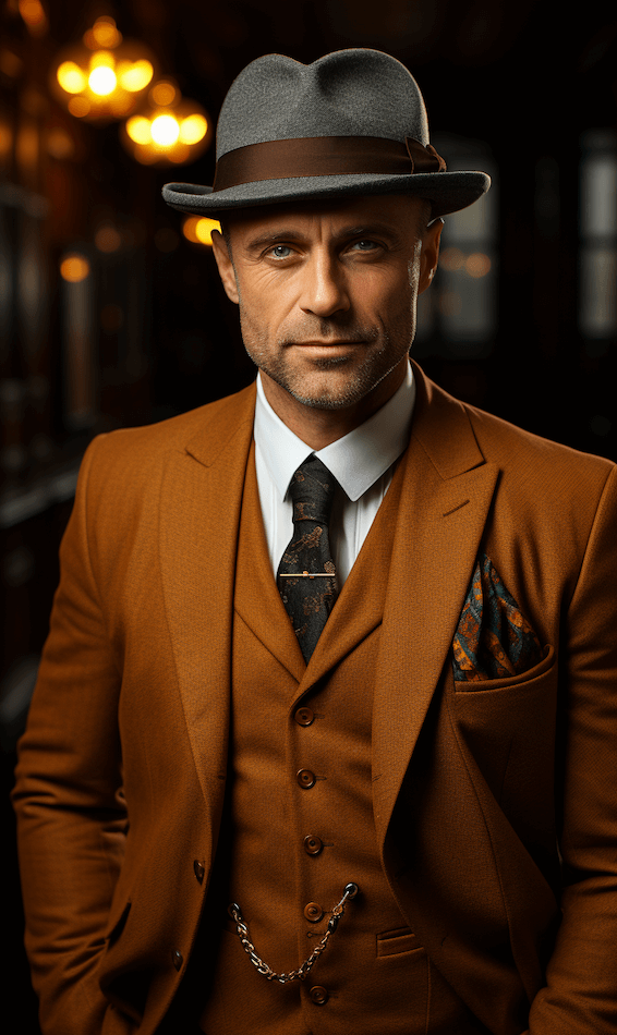 Retro stylizacja męska z lat 20: pomarańczowy garnitur, białą koszula, kapelusz, wzorzysty krawat i poszetkq