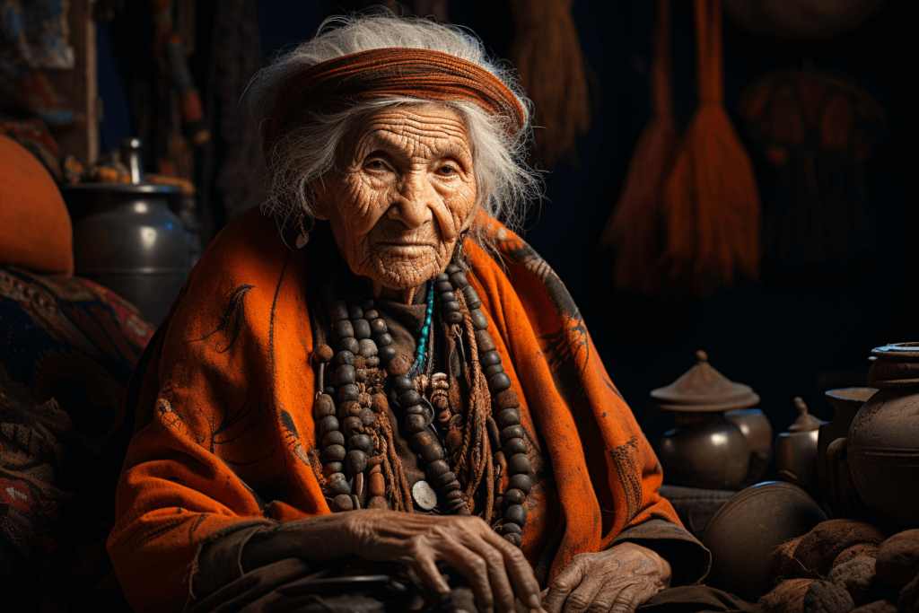 starsza kobieta w etnicznym ubraniu i biżuterii