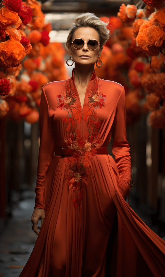 Stylizacja damska glamour: czerwona długa suknia, okulary i duże kolczyki koła