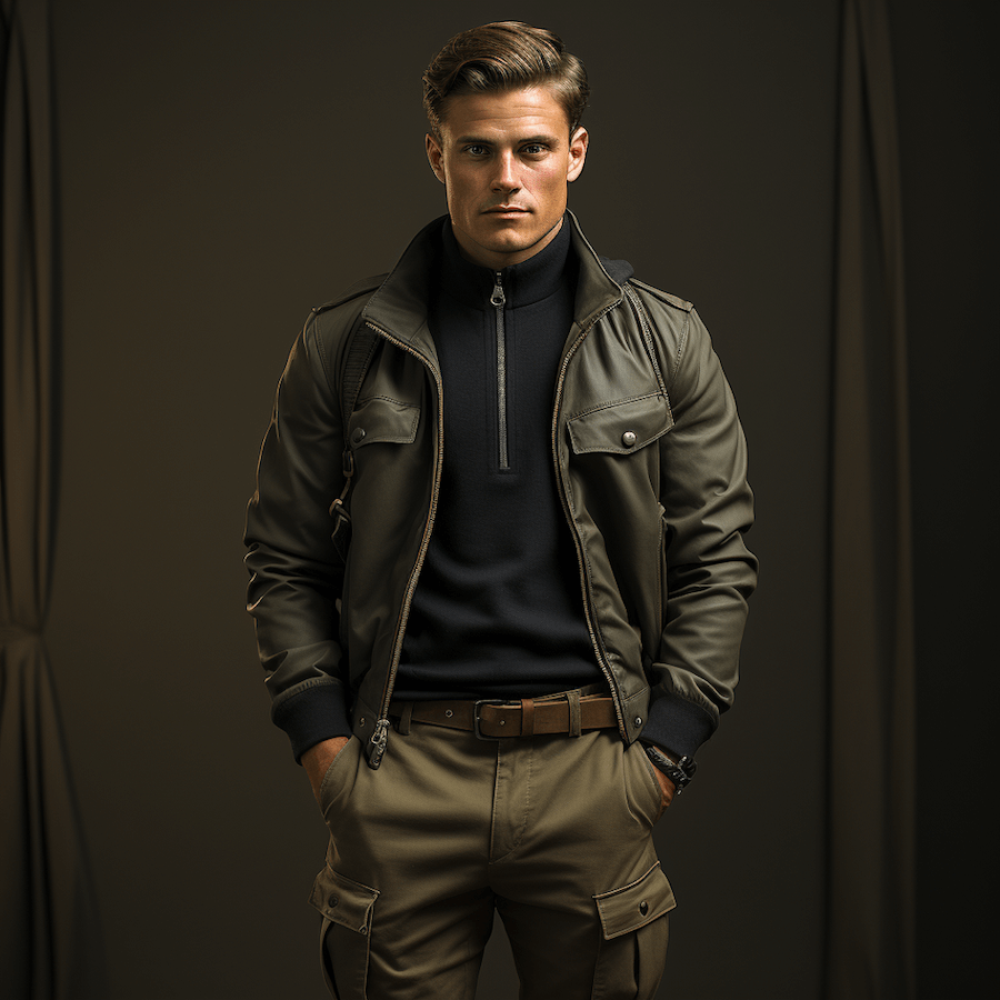 Militarna stylizacja męska: golf, spodnie cargo, bomberka