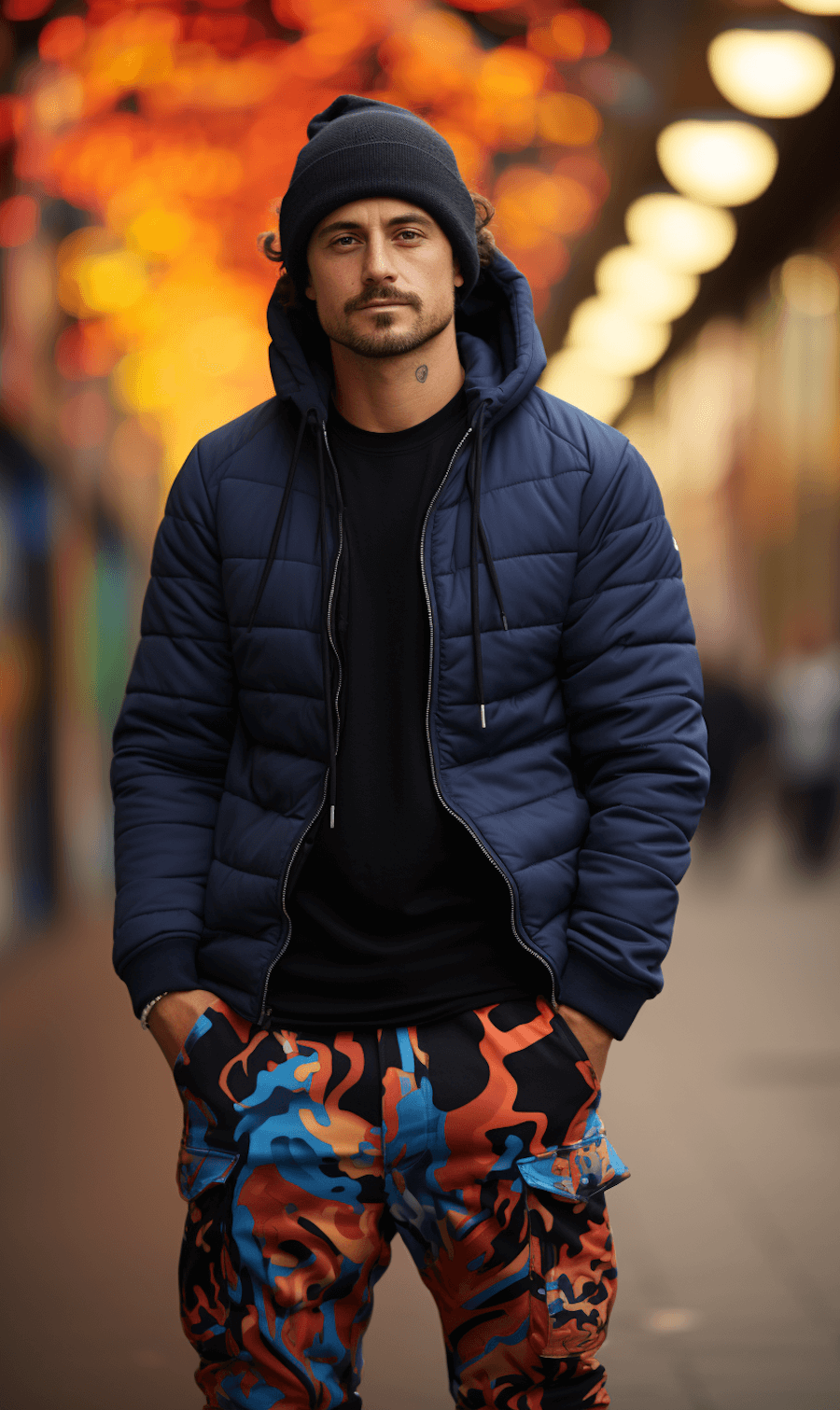 Streetwearowa stylizacja męska: granatowa kurtka, czarna koszulka i czapka, spodnie w pomarańczowe, niebieskie i czarne wzory