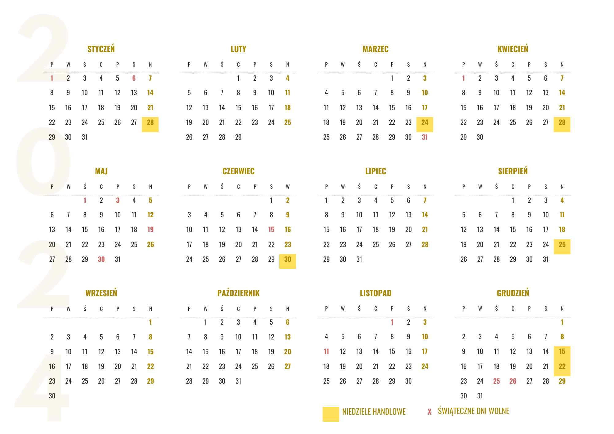 Kalendarz - niedziele handlowe 2024